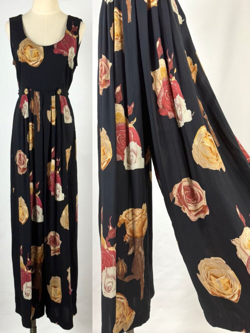 Vtg 90s Black Floral Rose Wide Leg Jumpsuit Rayon Sleeveless Tie Back Palazzo